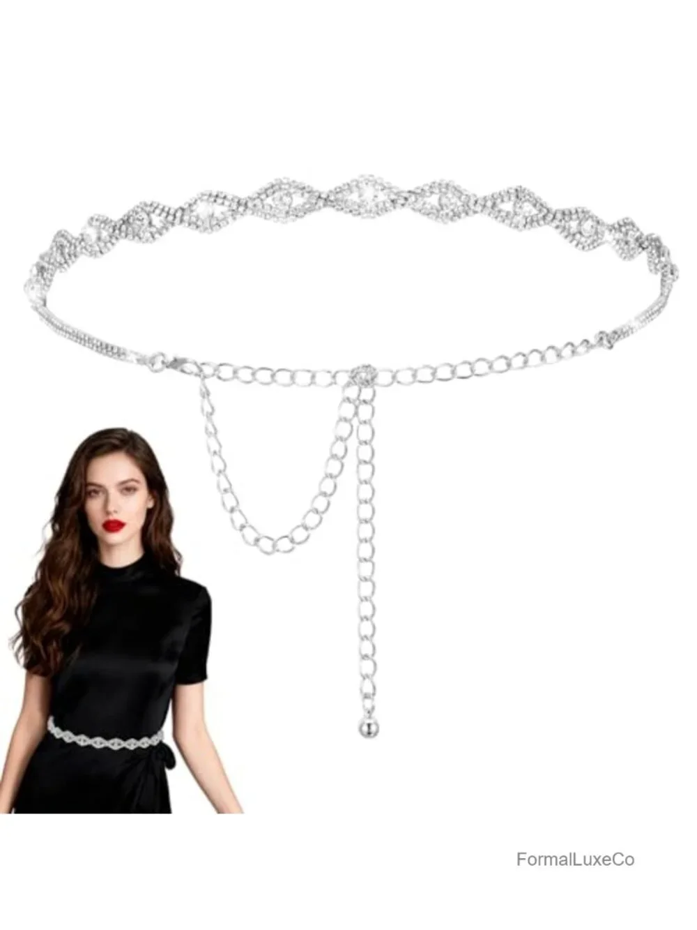 Rhinestone Chain Belt for Dresses, Sparkly Crystal Waist Belt, Adjustable